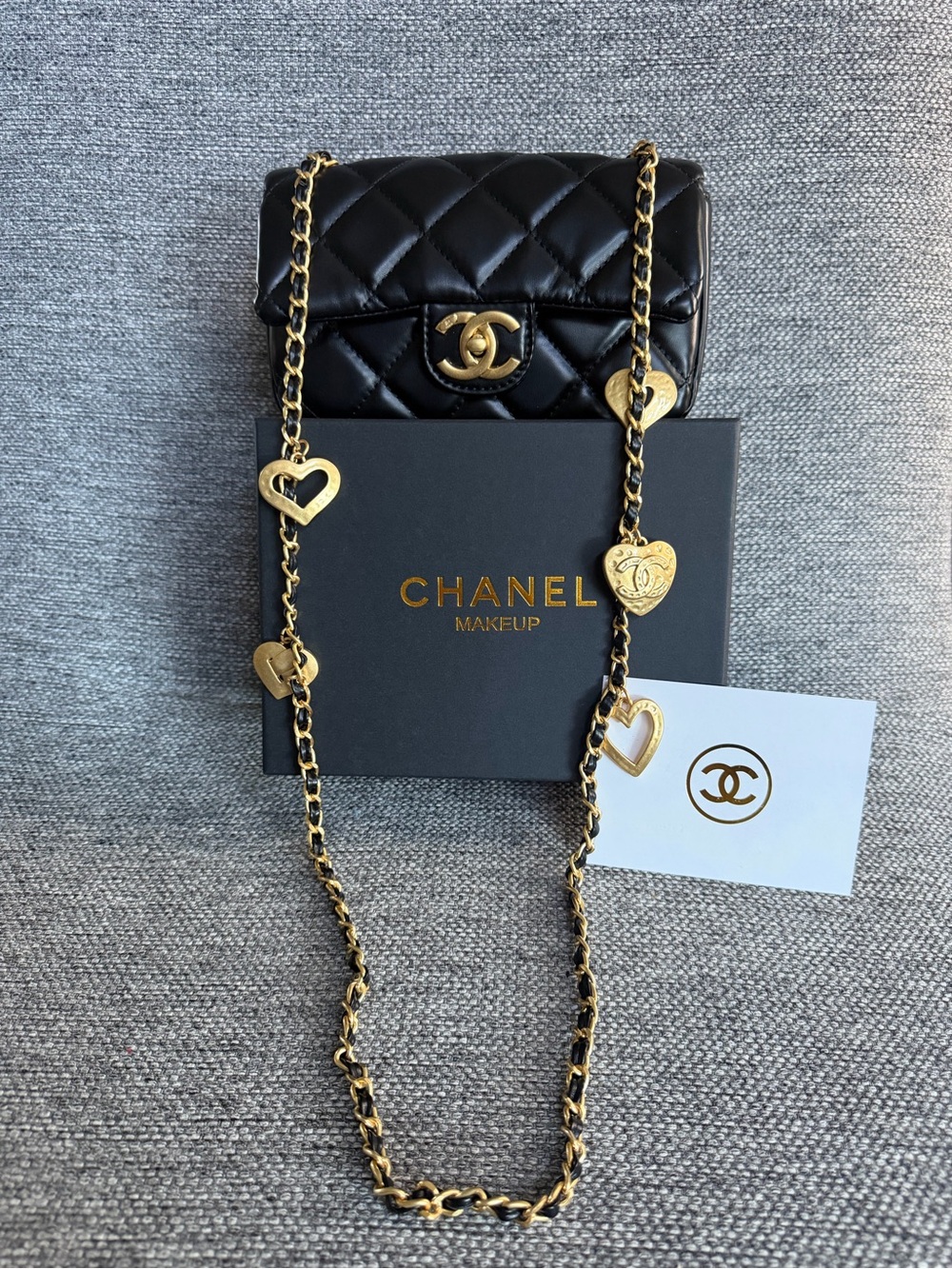 Chanel MAKEUP Black Quilted Mini Crossbody Bag with Gold Heart Chain